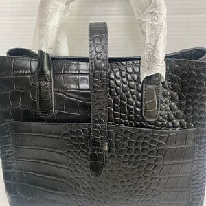 Sondra Roberts Black Crocodile-Embossed Purse With Crossbody Strap & Dust Bag